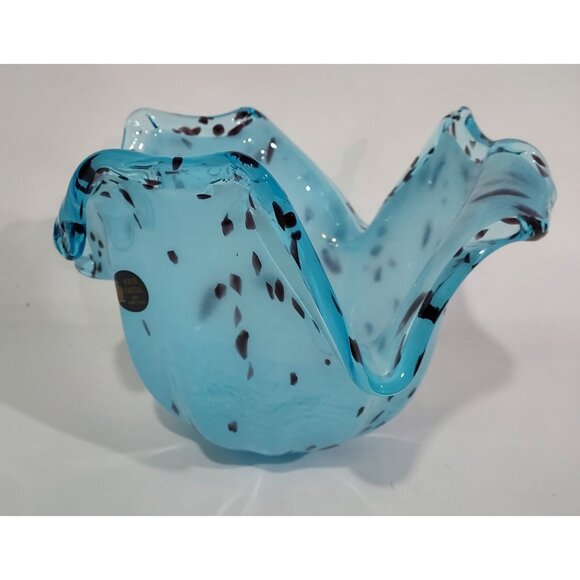 Murano Free Form Hand-Blown Blue Black Speckled Glass Vase Bowl Tulip Flower - Picture 8 of 10
